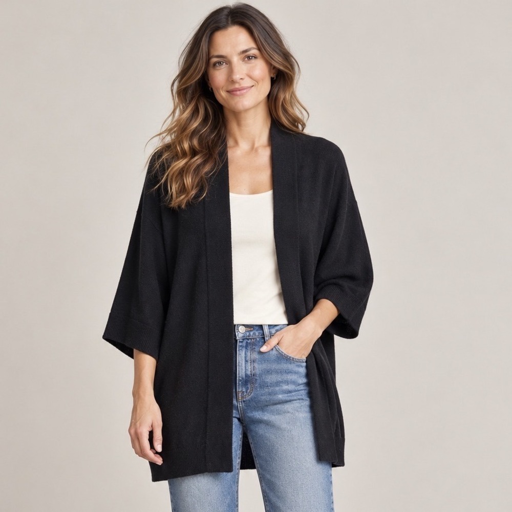 Garnet Hill Cardigan Womens M Black 100% Cashmere Open Front Kimono Quiet Luxury